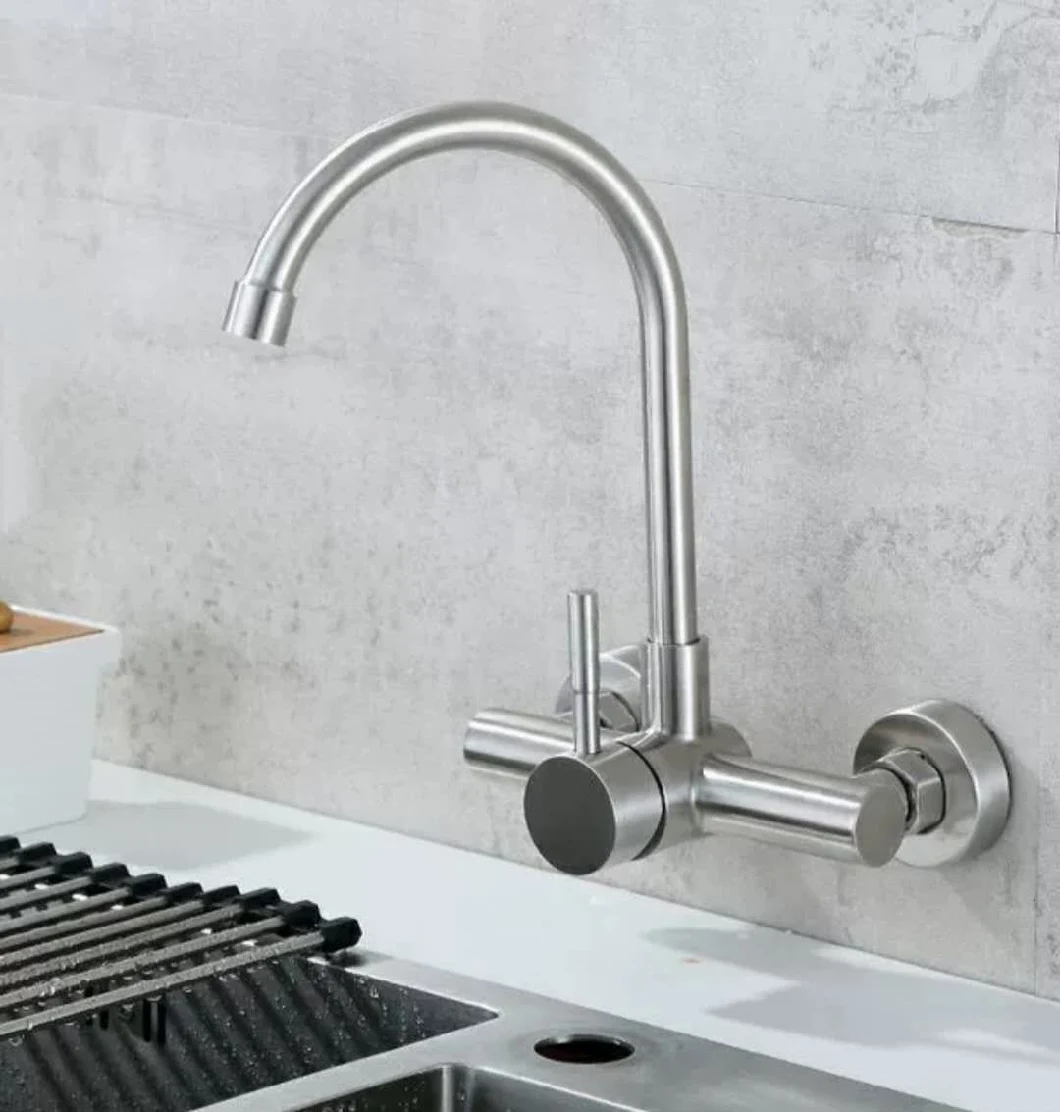 Sairi Double Holes 304 Stainless Steel Single Handle Hot and Cold Water Mixer Tap Wall Mounted Kitchen Faucet