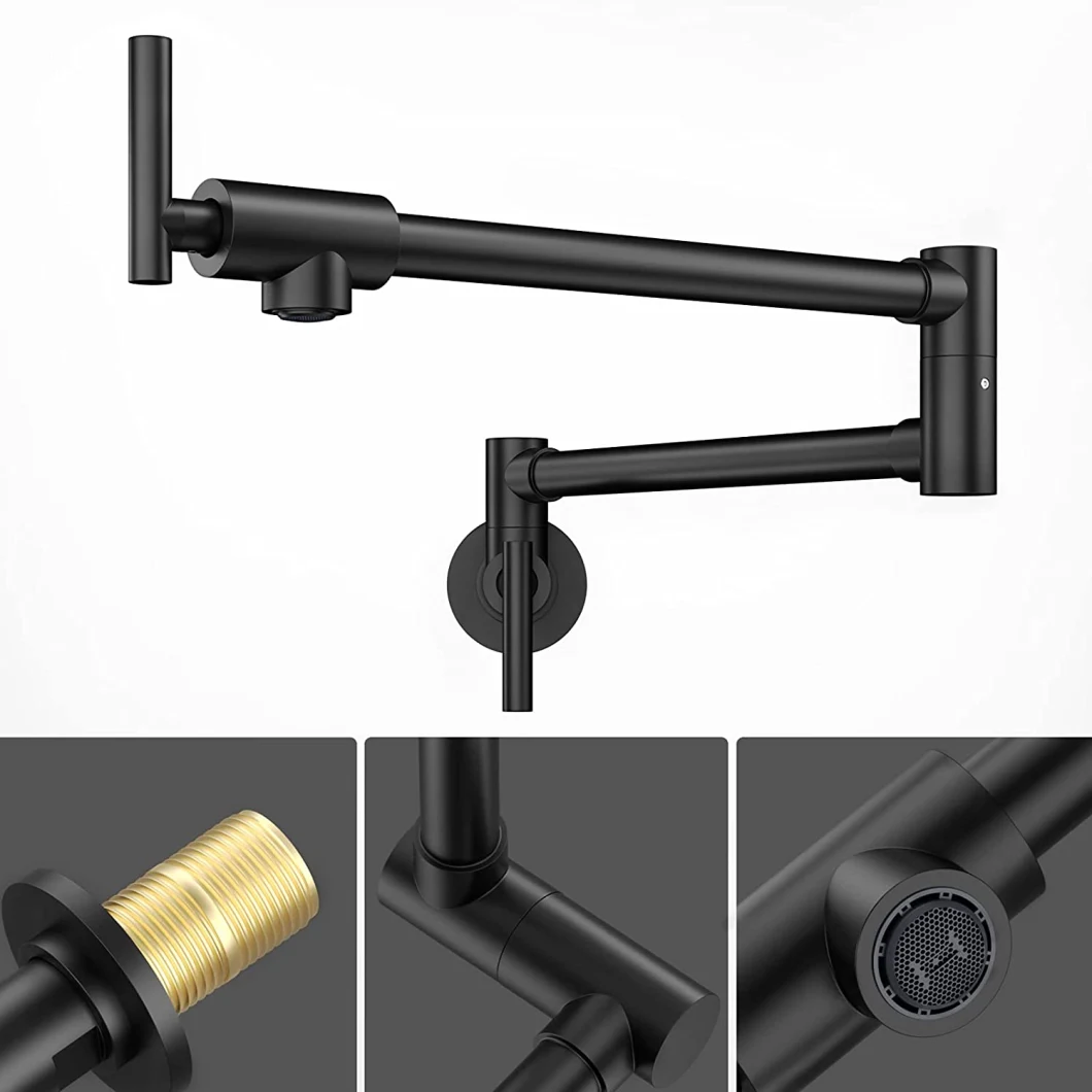 Pot Filler Faucet Wall Mounted, Solid Brass Folding Kitchen Restaurant Sink Faucet with Double Joint Swing Arm Single Hole 2 Handles Commercial NPT Matte Black